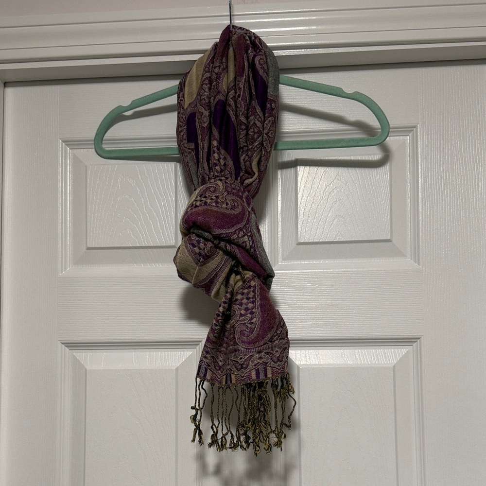 Purple and Olive Paisley Fringed Wrap